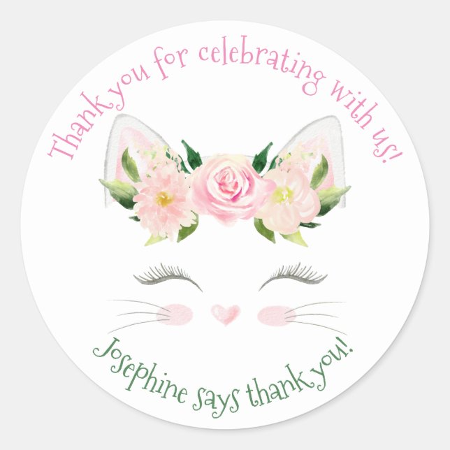 Kitten Cat Flowers Birthday Classic Round Sticker (Front)