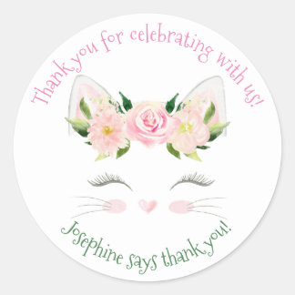 Kitten Cat Flowers Birthday Classic Round Sticker