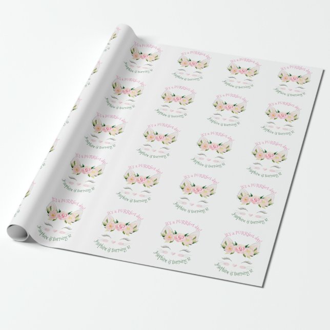 Kitten Cat Flowers Birthday Wrapping Paper (Unrolled)
