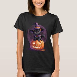Kitten Cat Halloween Witch Costume Jack O Lantern  T-Shirt
