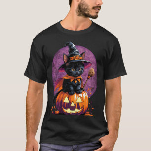 Kitten Cat Halloween Witch Costume Jack O Lantern  T-Shirt
