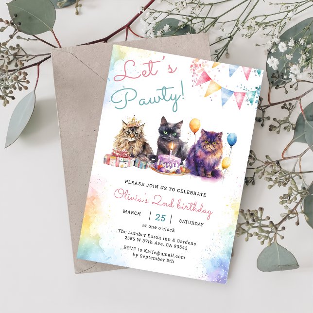 Kitten Cat Let's Pawty 1st Birthday Party Invitation (Creator Uploaded)