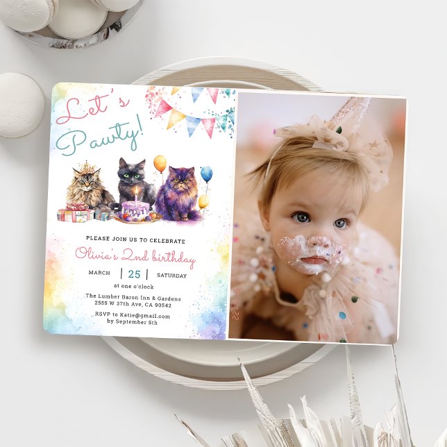 Kitten Cat Let's Pawty 2nd Birthday Party Photo  Invitation (Creator Uploaded)
