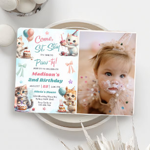 Kitten Cat Let's Pawty 2nd Birthday Party Photo Invitation