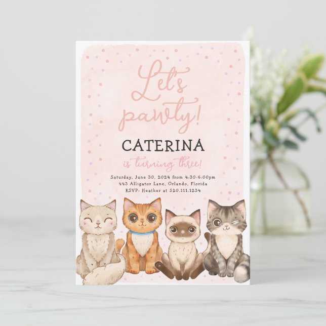 Kitten Cat Let's Pawty Anniversaire Invitation (Debout devant)