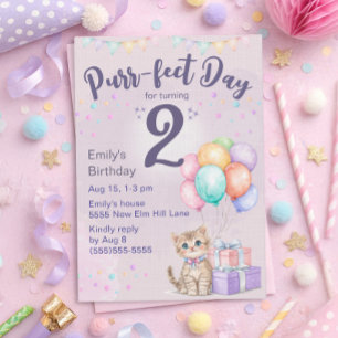 Kitten Cat Pastel Little Girl's 2nd Birthday Invitation