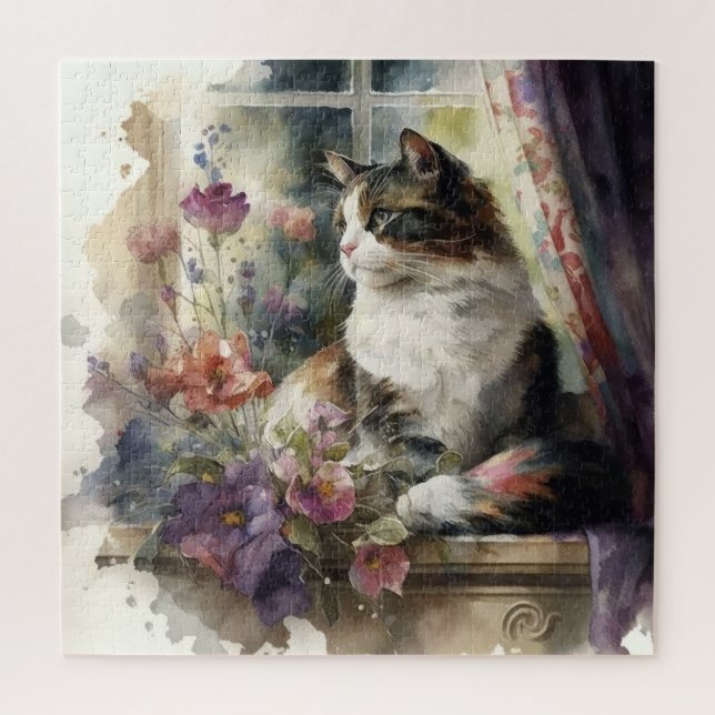 Kitten Cat Purple Flowers Window Sunlight  Jigsaw Puzzle (Vertical)