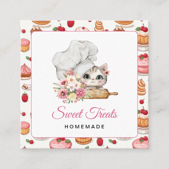 Kitten Chef Bakery Pink Square Business Card (Front)