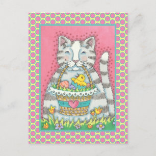 KITTEN CHICK & EASTER EGG BASKET, CUTE CAT HOLIDAY POSTCARD
