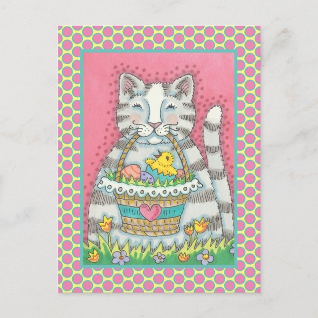 KITTEN CHICK & EASTER EGG BASKET, CUTE CAT HOLIDAY POSTCARD (Front)