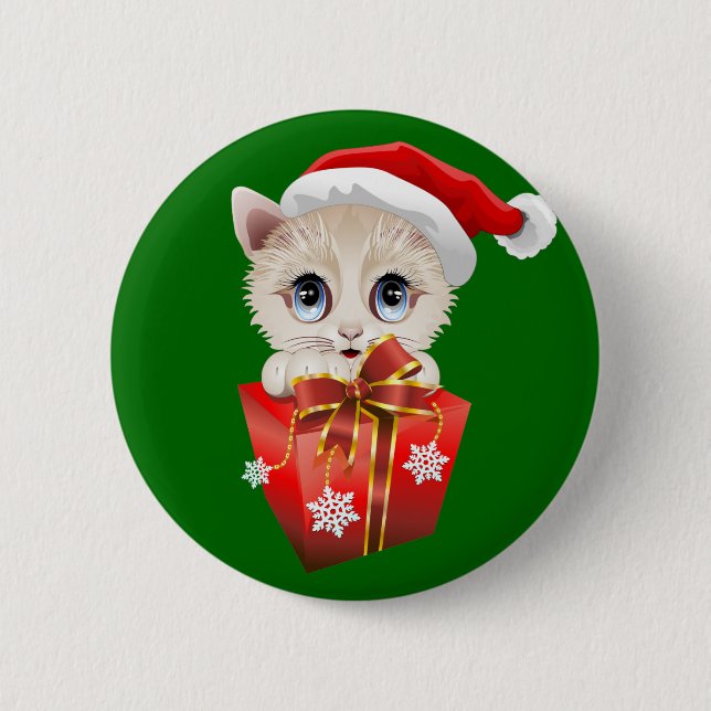 Kitten Christmas Santa with Gift 2 Inch Round Button (Front)