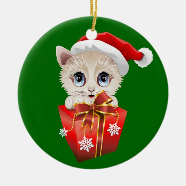 Kitten Christmas Santa with Gift Ceramic Ornament (Front)