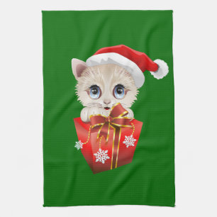 Kitten Christmas Santa with Gift Kitchen Towel