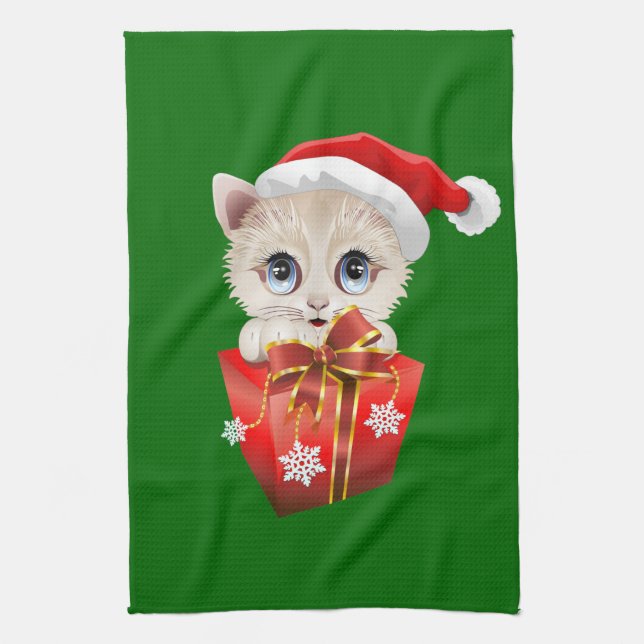 Kitten Christmas Santa with Gift Kitchen Towel (Vertical)