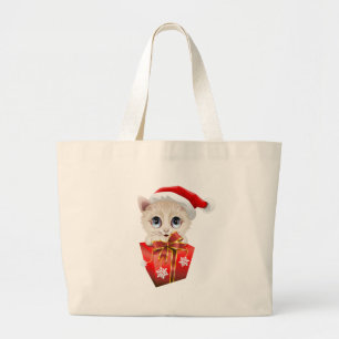 Kitten Christmas Santa with Gift Large Tote Bag