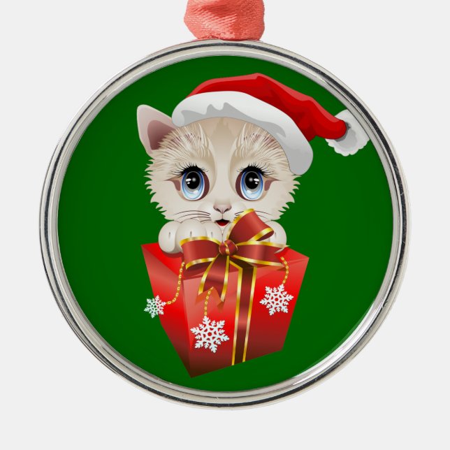Kitten Christmas Santa with Gift Metal Ornament (Front)