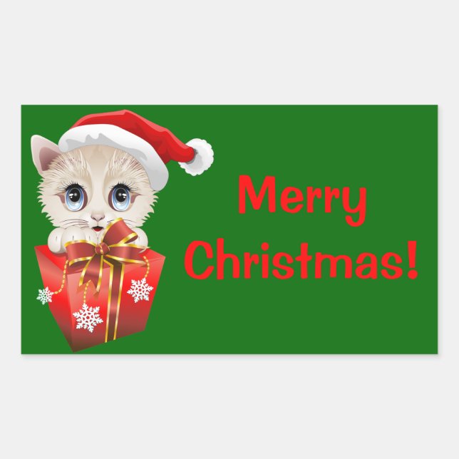 Kitten Christmas Santa with Gift Sticker (Front)