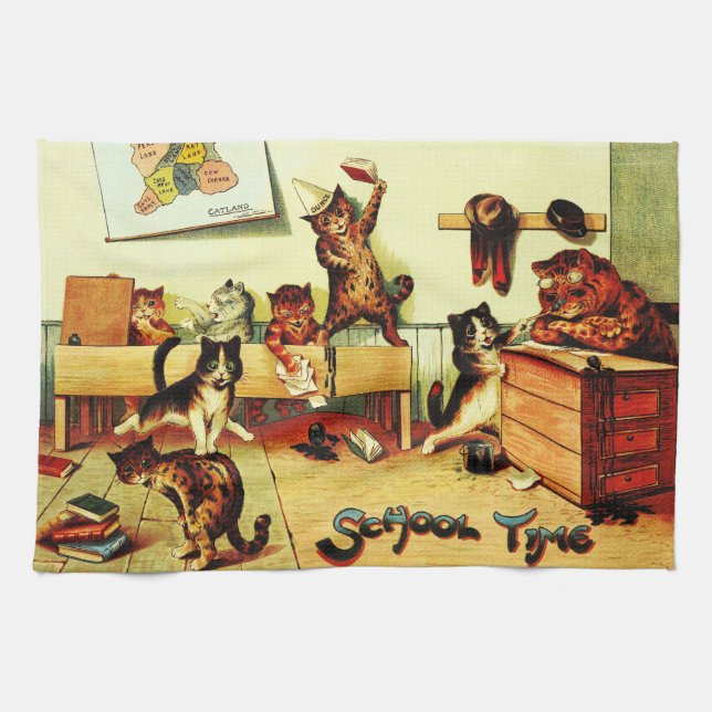 Kitten Classroom Chaos Louis Wain Tea Towel (Horizontal)