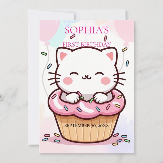 Kitten Cupcake First Birthday Invitation (Front)
