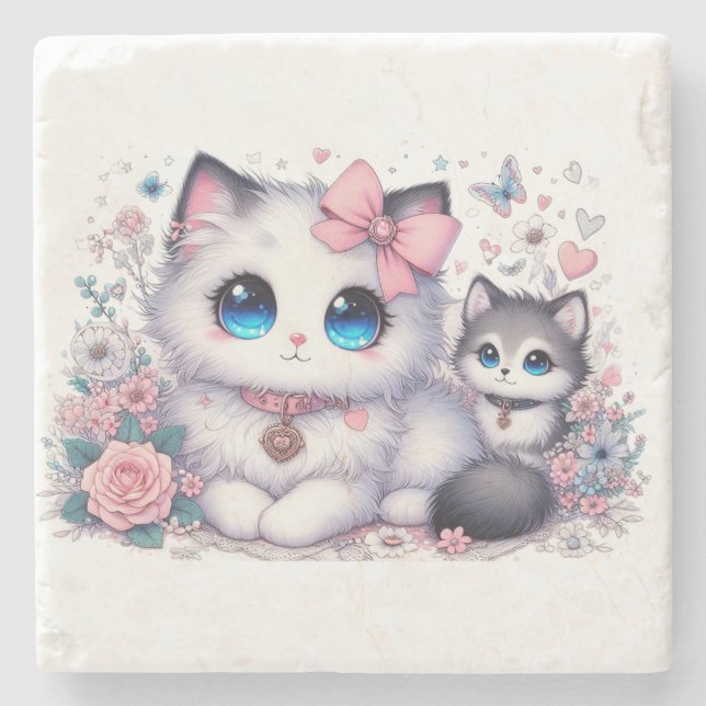 Kitten Cuteness Overload: Sparkling-Eyed Cat & dog Stone Coaster (Front)