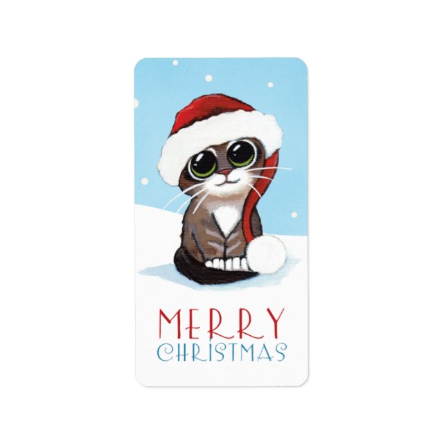 Kitten dans un chapeau de Noël Joyeux Étiquettes d (Devant)