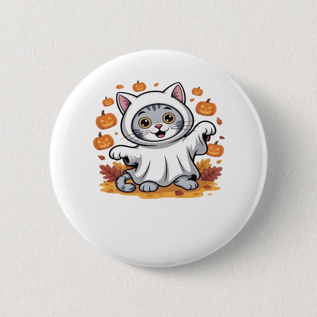 Kitten dressed as a ghost for Halloween Classic T- 2 Inch Round Button (Front)