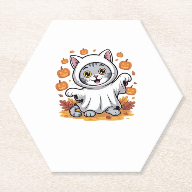 Kitten dressed as a ghost for Halloween Classic T- Paper Coaster (Front)
