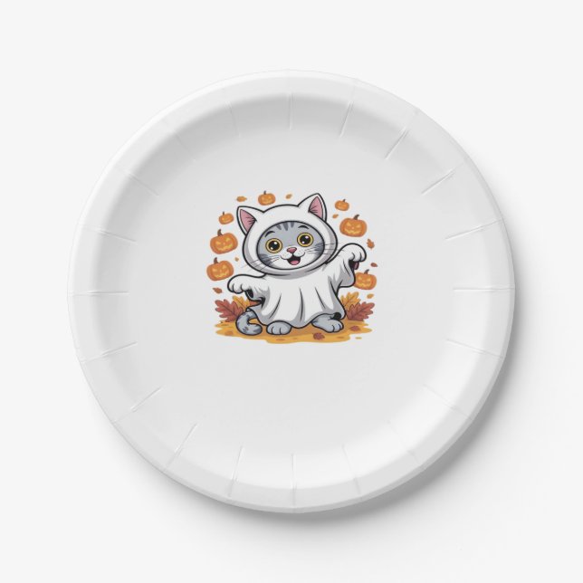 Kitten dressed as a ghost for Halloween Classic T- Paper Plate (Front)
