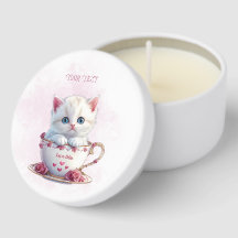 Kitten en Coupe Fleurs roses Mini chandelle Faveur