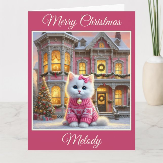 Kitten et rose Victorian House Carte de Noël (Devant)