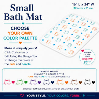 Kitten Faces and Hearts Pattern Blue Orange Small Bath Mat