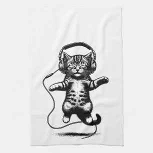 Kitten Floating Wearing Headphones, Audiophile Cat Kitchen Towel