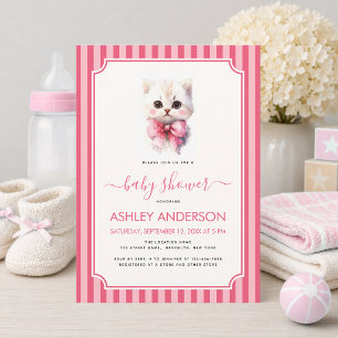 Kitten Girl Baby Shower Cute Pink Bow and Stripes Invitation