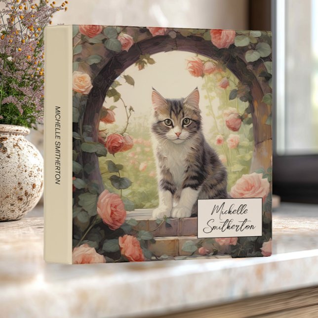 Kitten Grey White Roses Watercolor Monogram Name Binder (Cute gray and white kitten custom monogram notebook.  Use for recipes, photo albums, home, or school)
