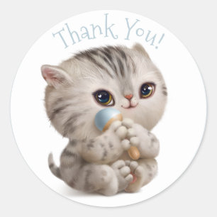 Kitten Hand Drawn Blue Thank You Typography Classic Round Sticker