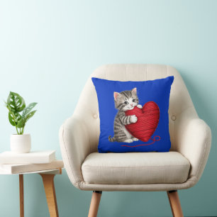Kitten Heart, Cute Cat with Yarn Heart Throw Pillow