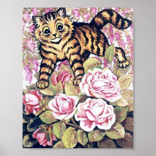 Kitten Hiding in a Rose Bush, Louis Wain Poster