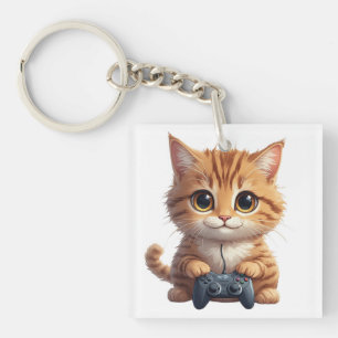 Kitten Holding Game Controller Gamer Cat Keychain