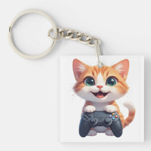 Kitten Holding Game Controller Smiling Gamer Cat I Keychain