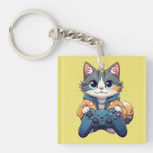 Kitten Holding Game Controller Smiling Gamer Cat Keychain