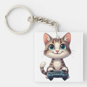 Kitten Holding Game Controller Smiling Gamer Cat Keychain
