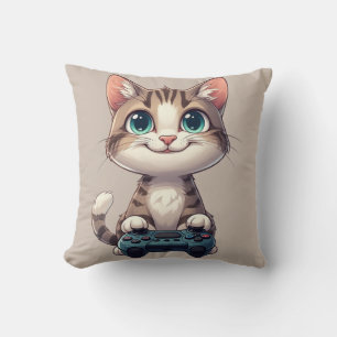 Kitten Holding Game Controller Smiling Gamer Cat Throw Pillow