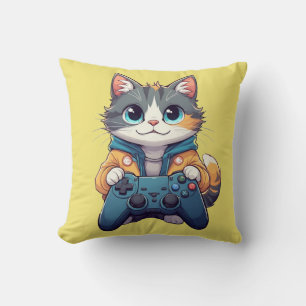 Kitten Holding Game Controller Smiling Gamer Cat Throw Pillow