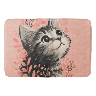 Kitten Illustration with Delicate Botanical Accent Bath Mat