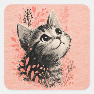 Kitten Illustration with Delicate Botanical Accent Square Sticker