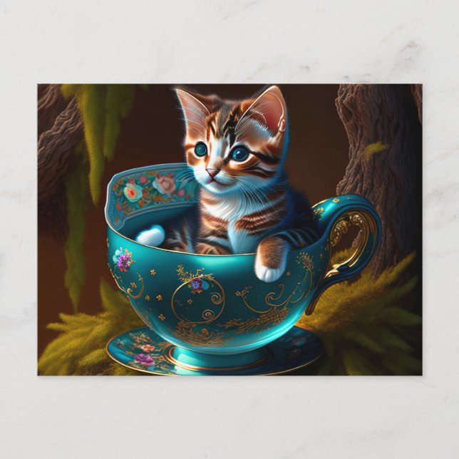 Kitten in a Blue Teacup - Cat Postcard (Front)
