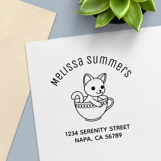 Kitten in a Cup Cat in a Teacup Arch Address Self-inking Stamp (Creator Uploaded)