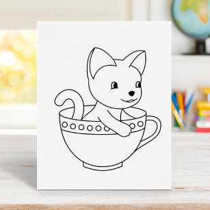 Kitten in a Cup - Cat in a Teacup Colouring Page Poster