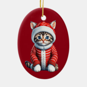 Kitten in a Red and White Christmas Sweater Ceramic Ornament