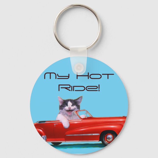 Kitten in a Red Convertible Keychain (Front)